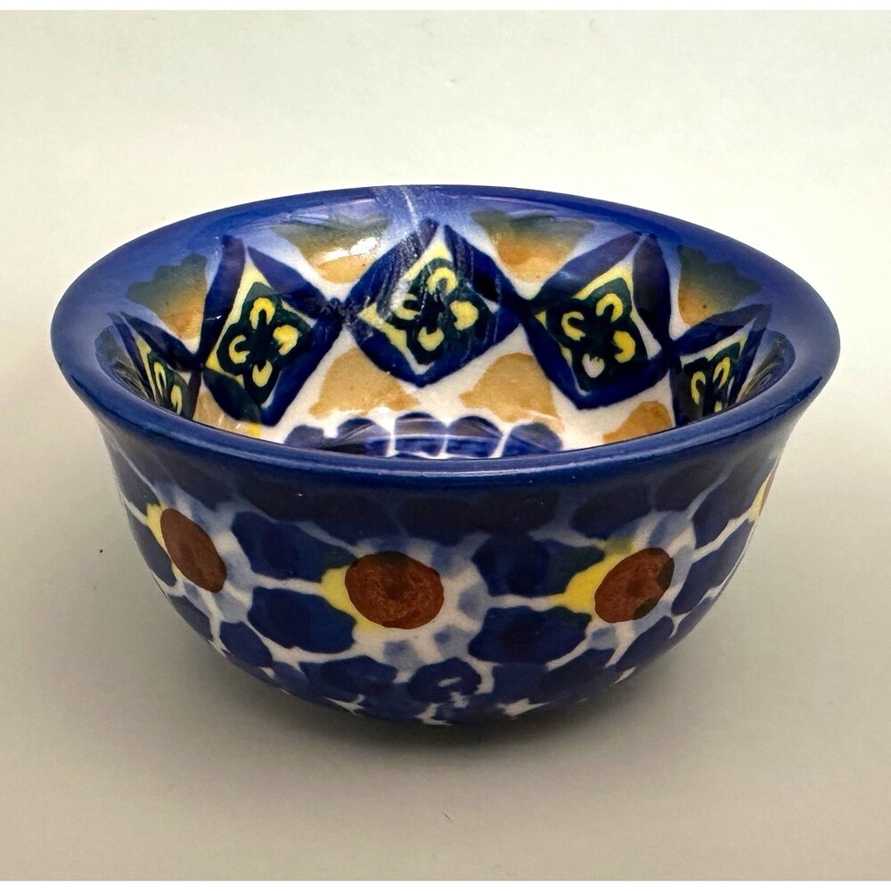 Polish Pottery Boleslawiec Manufaktura Unikat Mini Bowl Artist Signed 3.25” Blue